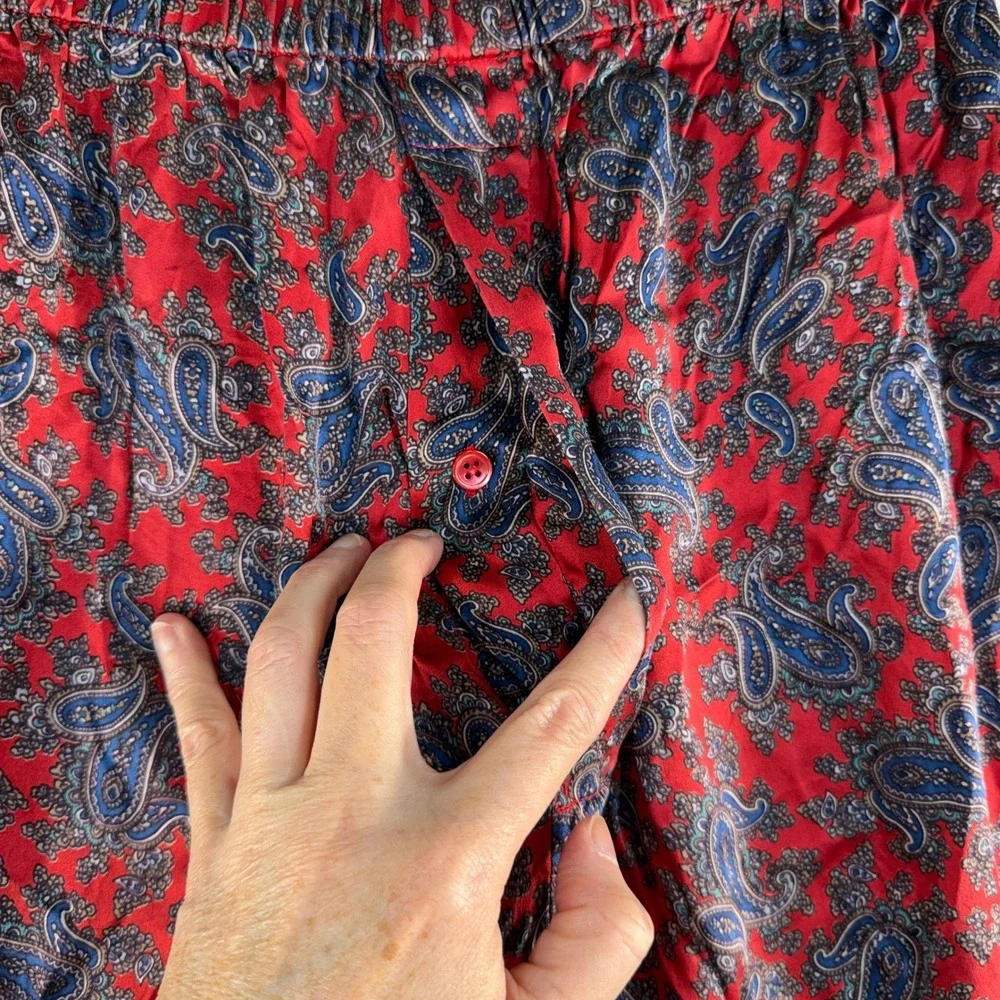 Vintage Soo Silks Medium Pajama Pants 100% Silk Paisley Elastic Waist Red Blue